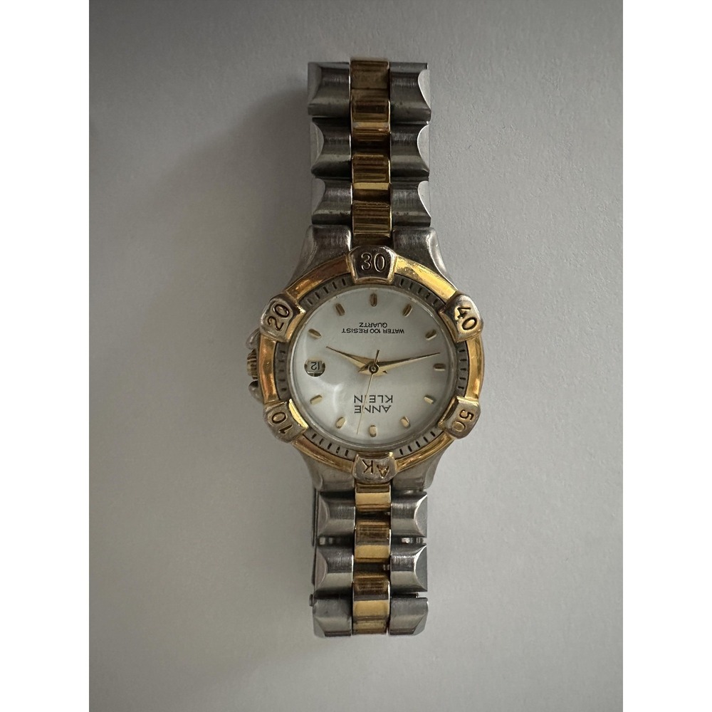 VTG Anne Klein Watch Womens Two Tone Date White Dial Quartz 100FT 11/7894-5